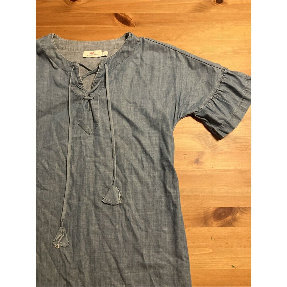 Vineyard Vines Womens Denim Dress Size 2 Lightweight‎ Short Sleeve Braid Ruffle